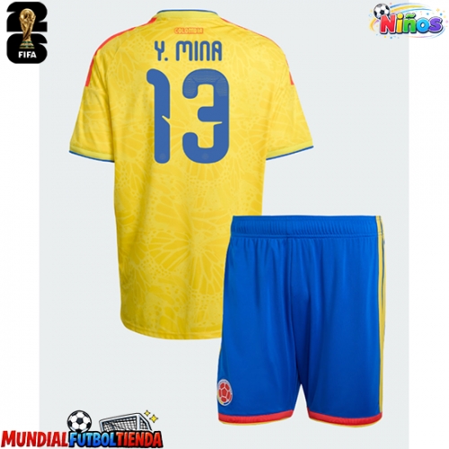 Camiseta Colombia Yerry Mina #13 Primera Equipación Replica Mundial 2026 para niños mangas cortas (+ Pantalones cortos)